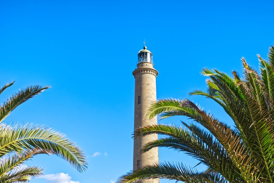 Maspalomas lighthouse among palm trees, a few minutes from our office